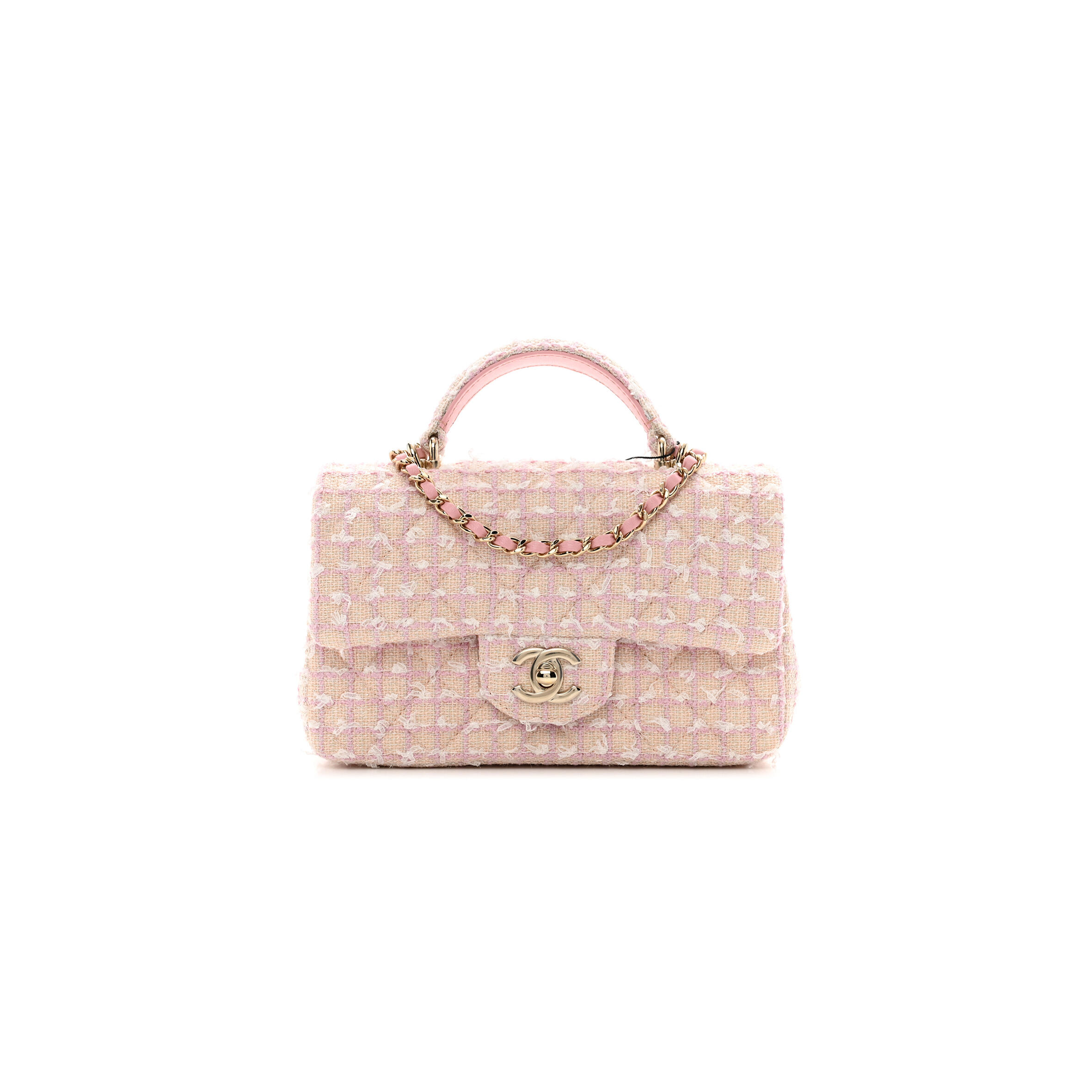 CHANEL MASTER TWEED QUILTED MINI TOP HANDLE RECTANGULAR FLAP LIGHT PINK 1386916 (20*12*6cm)